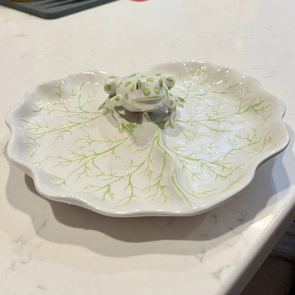 VTG Italian ceramic plate green dotted frog lily pad green white figural